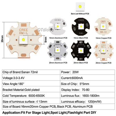 Nagy teljesítményű LED-chip 20 W sík kör alakú lézergyöngy XML 5050 SMD hideg fehér kültéri zseblámpa-kiegészítő izzóhoz