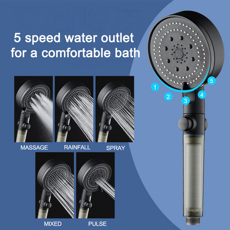 Filtruota dušo galvutė aukšto slėgio 5 greičių vieno mygtuko vandens stabdymo reguliuojama rankinė, vandenį taupanti dušo galvutė Vonios kambario priedai