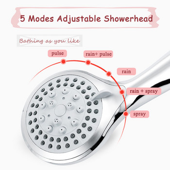 Zhangji Душ слушалка за баня 5 режима ABS пластмаса Голям панел Кръгъл хром дъждобран Водоспестяваща душ слушалка Класически дизайн