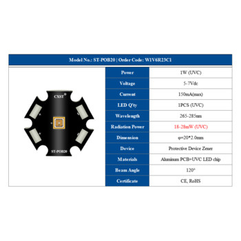 Модернизирани UVC LED перли за лампа за UV дезинфекционно оборудване 265-285nm SMD чип LED наситено виолетови ултравиолетови светлини UVA+UVC / UVC