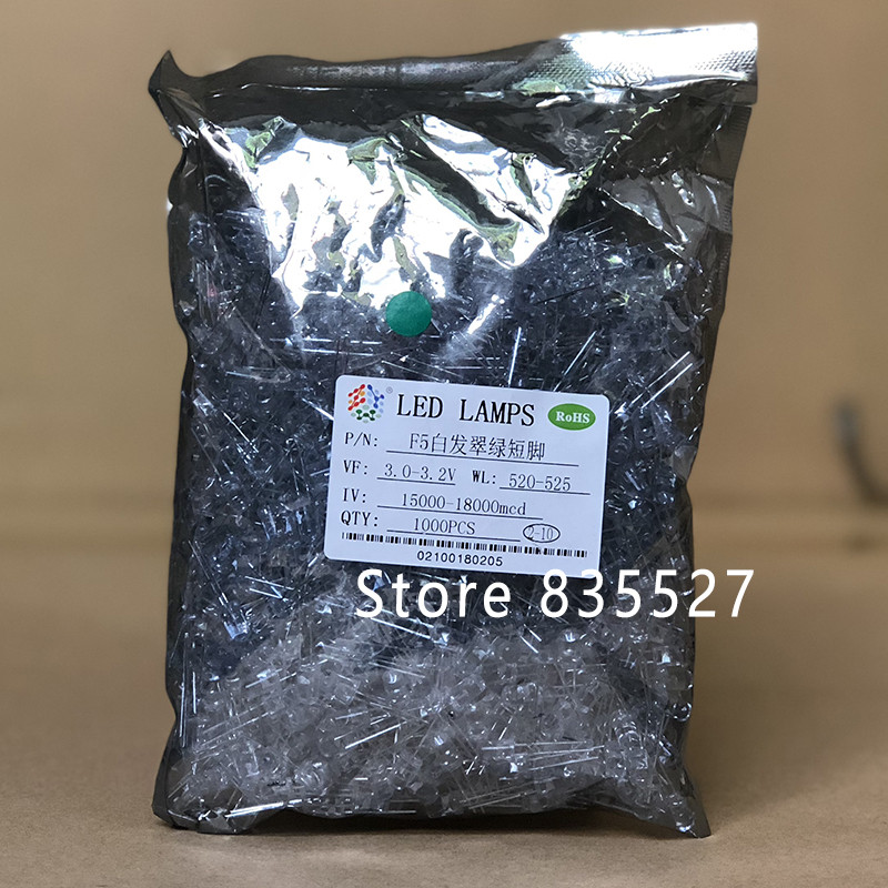 1000pcs / LOT F5 5mm Στρογγυλό LED Νερό και Διαυγές Σμαραγδένιο Πράσινο Super Bright LED δίοδος εκπομπής φωτός Kit DIP Lamp beads