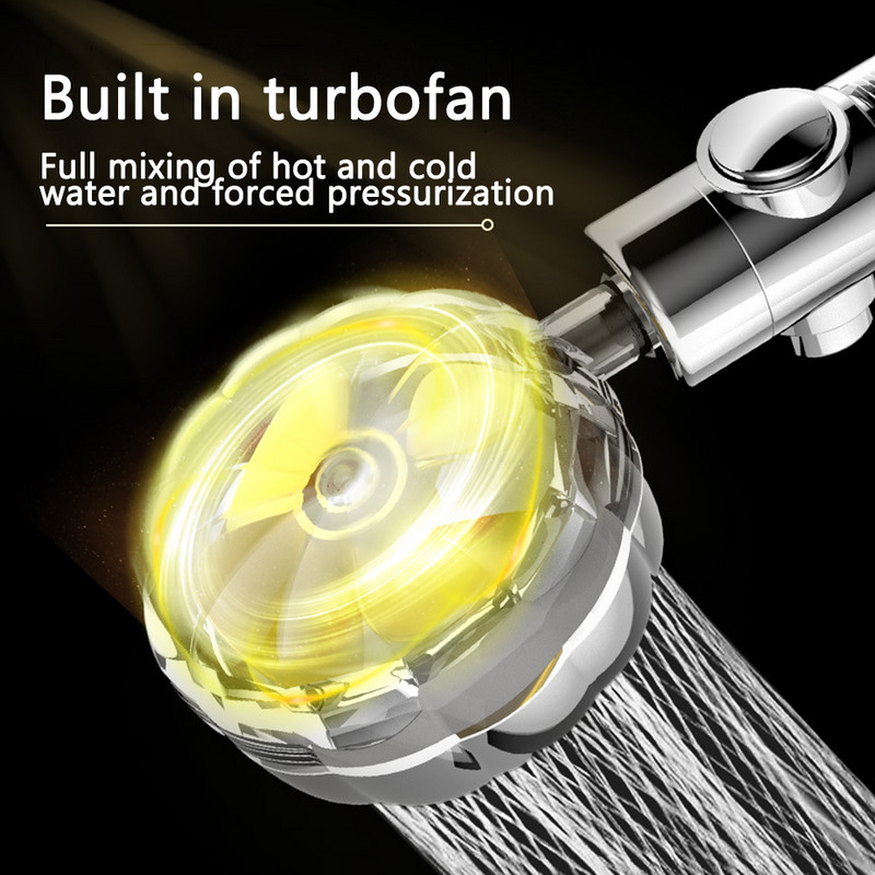 Περιστροφή 360 μοιρών κεφαλή ντουζιέρας με έλικα υψηλής πίεσης Turbo κεφαλή ντουζιέρας με διακόπτη φίλτρου κεφαλή ντους ανεμιστήρα