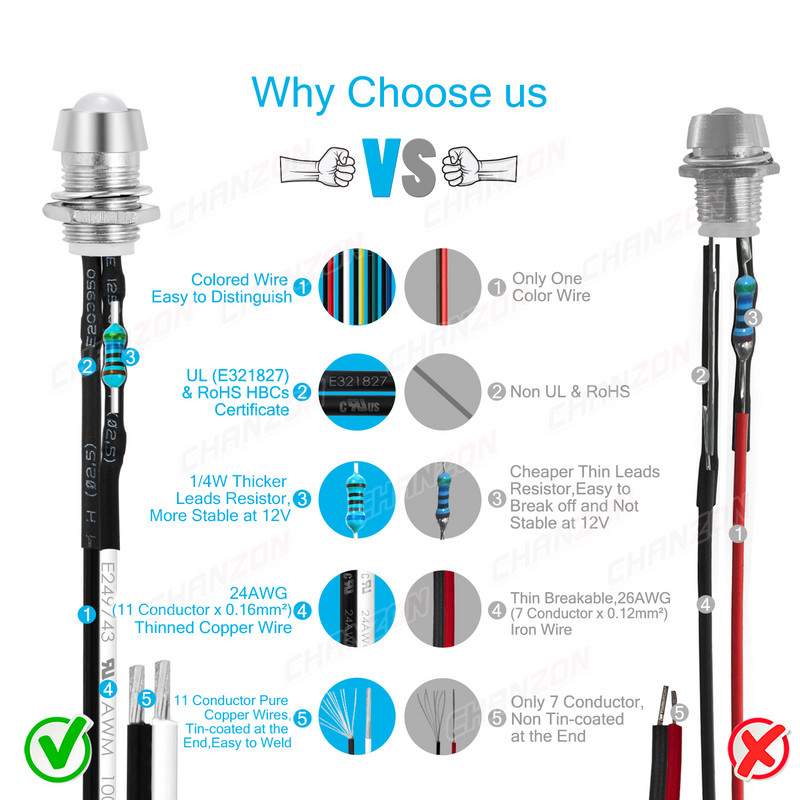 Σετ λαμπτήρων 5mm 12V Diffused Prewired Light Beads with 8mm Holder Emitting Diode Λευκό Κόκκινο Πράσινο Μπλε Κίτρινο Πορτοκαλί Σετ λαμπτήρων