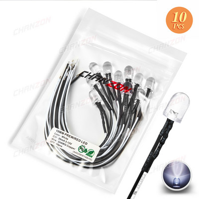 10db Fényes, 10mm-es előre bekábelezett LED 5V 6V 9V 12V fénygyöngyök Fehér Piros Zöld Kék Sárga Emitting Dióda Előhuzalozott Kábel Barkács lámpa izzó