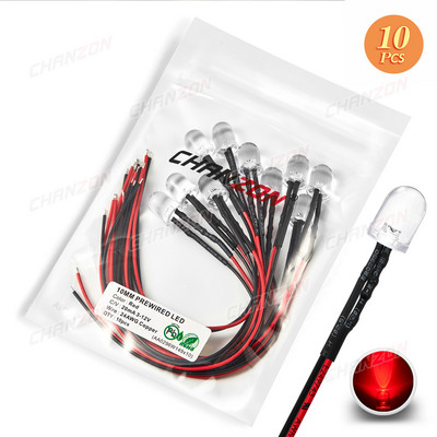 10db Fényes, 10mm-es előre bekábelezett LED 5V 6V 9V 12V fénygyöngyök Fehér Piros Zöld Kék Sárga Emitting Dióda Előhuzalozott Kábel Barkács lámpa izzó