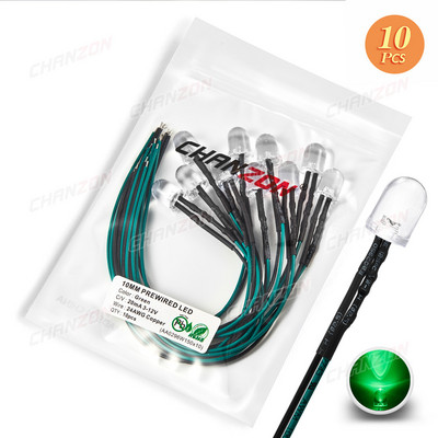 10db Fényes, 10mm-es előre bekábelezett LED 5V 6V 9V 12V fénygyöngyök Fehér Piros Zöld Kék Sárga Emitting Dióda Előhuzalozott Kábel Barkács lámpa izzó