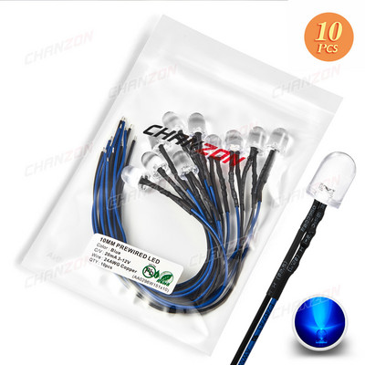 10db Fényes, 10mm-es előre bekábelezett LED 5V 6V 9V 12V fénygyöngyök Fehér Piros Zöld Kék Sárga Emitting Dióda Előhuzalozott Kábel Barkács lámpa izzó