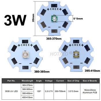 UV LED 3V 6V 12V 3W 5W 10W12W Лилав 3535 XPE 5050 XML LG6565 Чип Светлина 365nm 370NM 395nm 405nm За втвърдяване на принтер за проверка