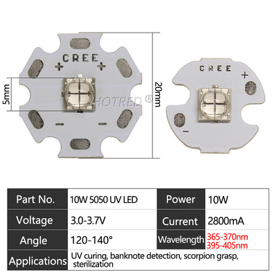 UV LED 3V 6V 12V 3W 5W 10W12W Lila 3535 XPE 5050 XML LG6565 Chip Light 365 nm 370 NM 395 nm 405 nm A nyomtató kikeményítésének ellenőrzéséhez