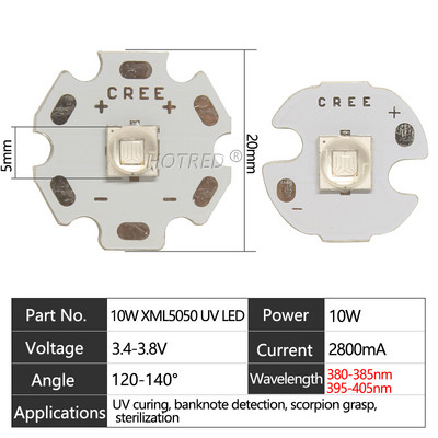 UV LED 3V 6V 12V 3W 5W 10W12W Lila 3535 XPE 5050 XML LG6565 Chip Light 365 nm 370 NM 395 nm 405 nm A nyomtató kikeményítésének ellenőrzéséhez