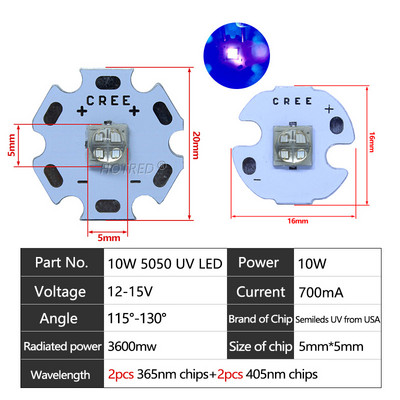 UV LED 3V 6V 12V 3W 5W 10W12W Lila 3535 XPE 5050 XML LG6565 Chip Light 365 nm 370 NM 395 nm 405 nm A nyomtató kikeményítésének ellenőrzéséhez