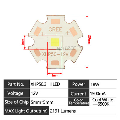 LED 12V 6V 18W20W CREE XHP50.3 Generation HI Cold White Chip 2191Lumens XLamp SMD 5050 Izzó DTP Réz MCPCB Zseblámpa DIY