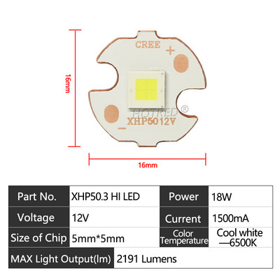 LED 12V 6V 18W20W CREE XHP50.3 Generation HI Cold White Chip 2191Lumens XLamp SMD 5050 Izzó DTP Réz MCPCB Zseblámpa DIY
