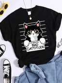 No86452 Bad Cattitude Vicces macska női póló alkalmi sport pólók légáteresztő nyári póló Street Creativity póló női