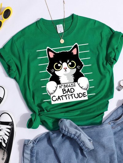 No86452 Bad Cattitude Vicces macska női póló alkalmi sport pólók légáteresztő nyári póló Street Creativity póló női