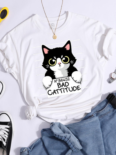 No86452 Bad Cattitude Vicces macska női póló alkalmi sport pólók légáteresztő nyári póló Street Creativity póló női