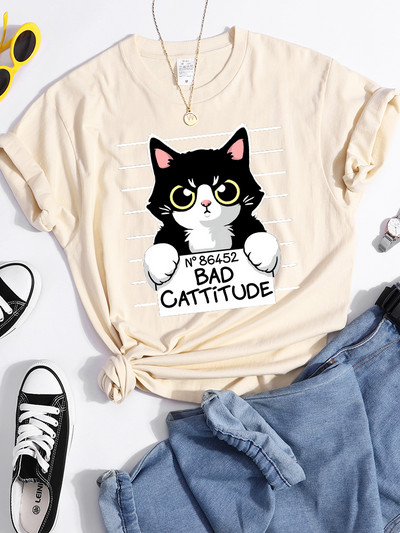 No86452 Bad Cattitude Vicces macska női póló alkalmi sport pólók légáteresztő nyári póló Street Creativity póló női