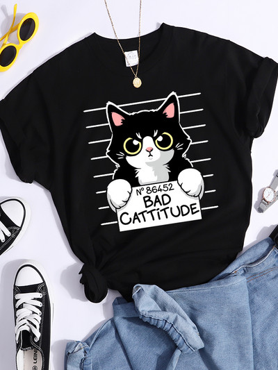 No86452 Bad Cattitude Vicces macska női póló alkalmi sport pólók légáteresztő nyári póló Street Creativity póló női