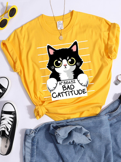 No86452 Bad Cattitude Vicces macska női póló alkalmi sport pólók légáteresztő nyári póló Street Creativity póló női