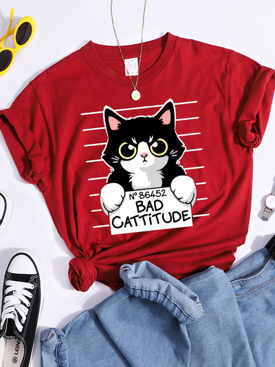 No86452 Bad Cattitude Vicces macska női póló alkalmi sport pólók légáteresztő nyári póló Street Creativity póló női