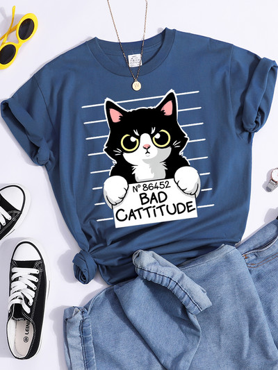 No86452 Bad Cattitude Vicces macska női póló alkalmi sport pólók légáteresztő nyári póló Street Creativity póló női