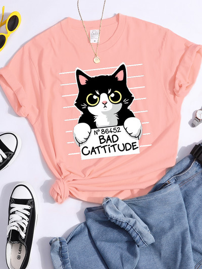 No86452 Bad Cattitude Vicces macska női póló alkalmi sport pólók légáteresztő nyári póló Street Creativity póló női