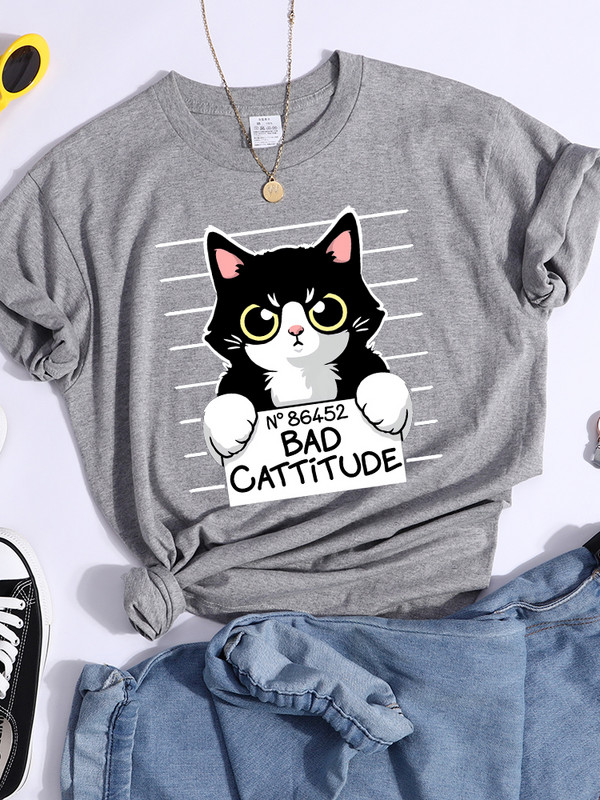 No86452 Bad Cattitude Γυναικείο μπλουζάκι αστείο γάτα Casual αθλητικό μπλουζάκι Breathable καλοκαιρινό μπλουζάκι Street Creativity Γυναικείο μπλουζάκι