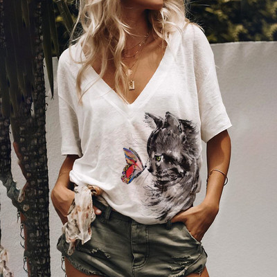 Fashion Love női póló V-nyakú, rövid ujjú női ruhák nyári alkalmi felső póló bő, nagyméretű póló lányoknak pulóver