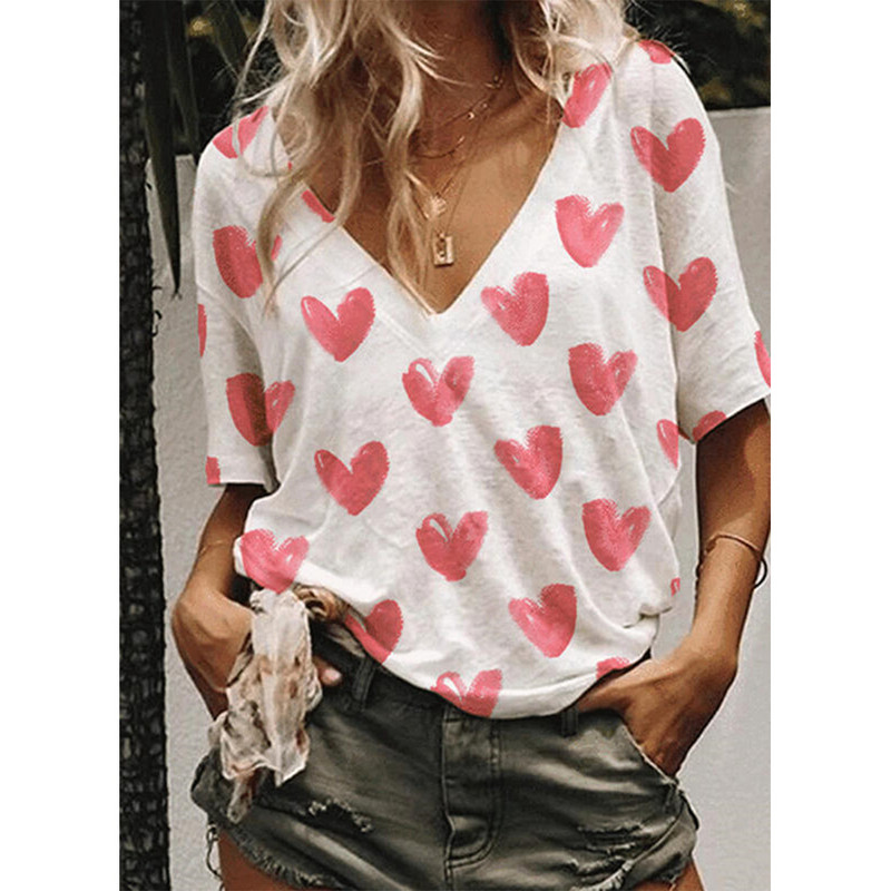 Fashion Love Γυναικεία μπλουζάκι με λαιμόκοψη V με κοντό μανίκι Γυναικεία ρούχα Καλοκαιρινά casual top Tee Φαρδύ μπλουζάκι μεγάλου μεγέθους για κορίτσι πουλόβερ