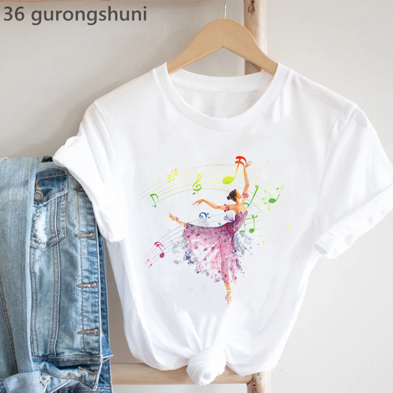 2023. gada akvareļkrāsu meitene dejo mūzikas pavadījumā, grafiski apdrukas krekls, sieviešu apģērbs, balts T-krekls, balts, ikdienas T krekls, sieviešu topi