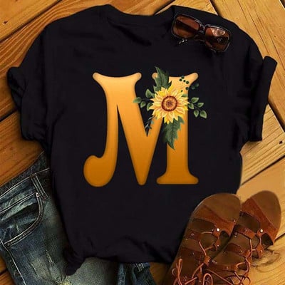 Γυναικείο μπλουζάκι Maycaur Προσαρμοσμένο όνομα με γράμμα τύπωμα μπλουζάκι Sunflower Letter γραμματοσειρά ABCDEFG Γυναικεία μπλουζάκια με κοντό μανίκι