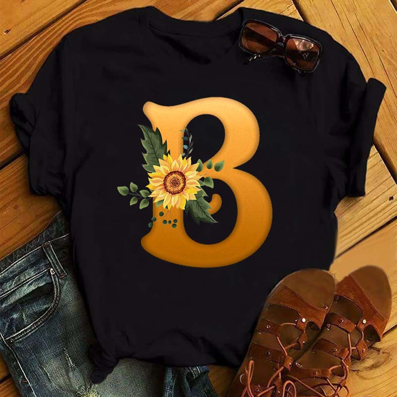 Maycaur sieviešu T krekls pielāgota nosaukuma burtu kombinācijas apdrukas krekls ar saulespuķu burtu fontu ABCDEFG īsām piedurknēm sieviešu topi