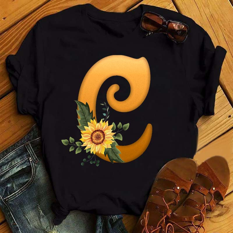 Maycaur sieviešu T krekls pielāgota nosaukuma burtu kombinācijas apdrukas krekls ar saulespuķu burtu fontu ABCDEFG īsām piedurknēm sieviešu topi