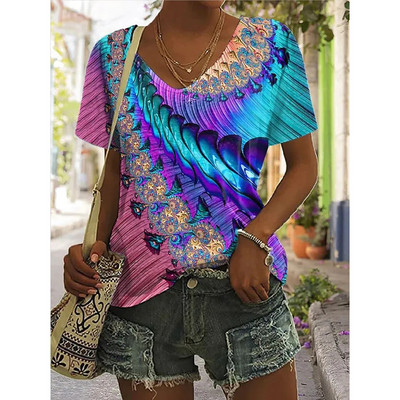Nyári új női póló 3d virágmintás V-nyakú rövid ujjú blúz Fashion nagy méretű pólók női ruházat Y2k női póló