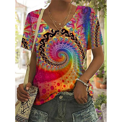 Nyári új női póló 3d virágmintás V-nyakú rövid ujjú blúz Fashion nagy méretű pólók női ruházat Y2k női póló