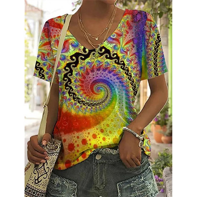 Nyári új női póló 3d virágmintás V-nyakú rövid ujjú blúz Fashion nagy méretű pólók női ruházat Y2k női póló