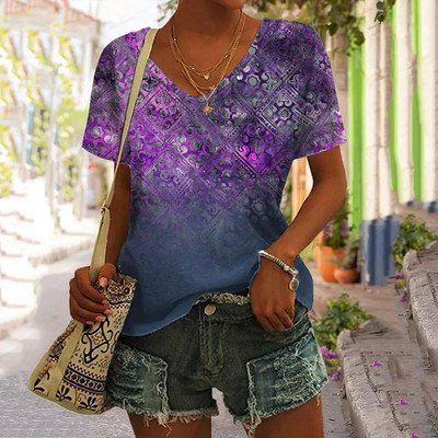 Nyári új női póló 3d virágmintás V-nyakú rövid ujjú blúz Fashion nagy méretű pólók női ruházat Y2k női póló