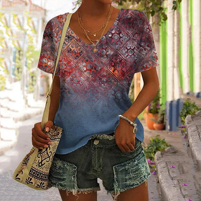 Nyári új női póló 3d virágmintás V-nyakú rövid ujjú blúz Fashion nagy méretű pólók női ruházat Y2k női póló