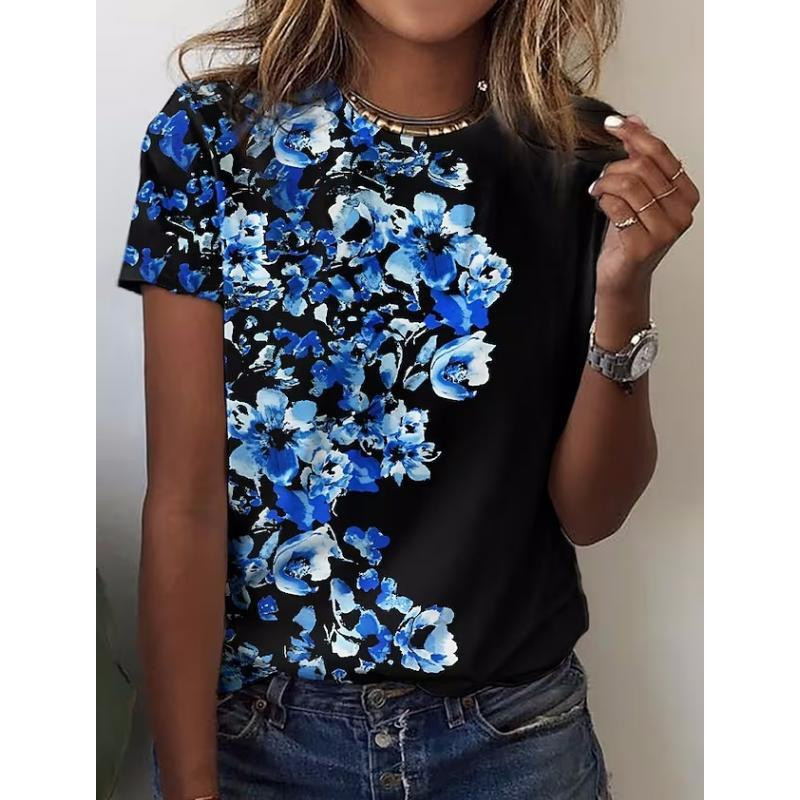 Γυναικείο τρισδιάστατο μπλουζάκι με λαμπερό μοτίβο λουλουδιών 2023 Καλοκαίρι Νέα Κορεάτικη μόδα με στρογγυλή λαιμόκοψη με εμπριμέ casual πουκάμισο με κοντό μανίκι
