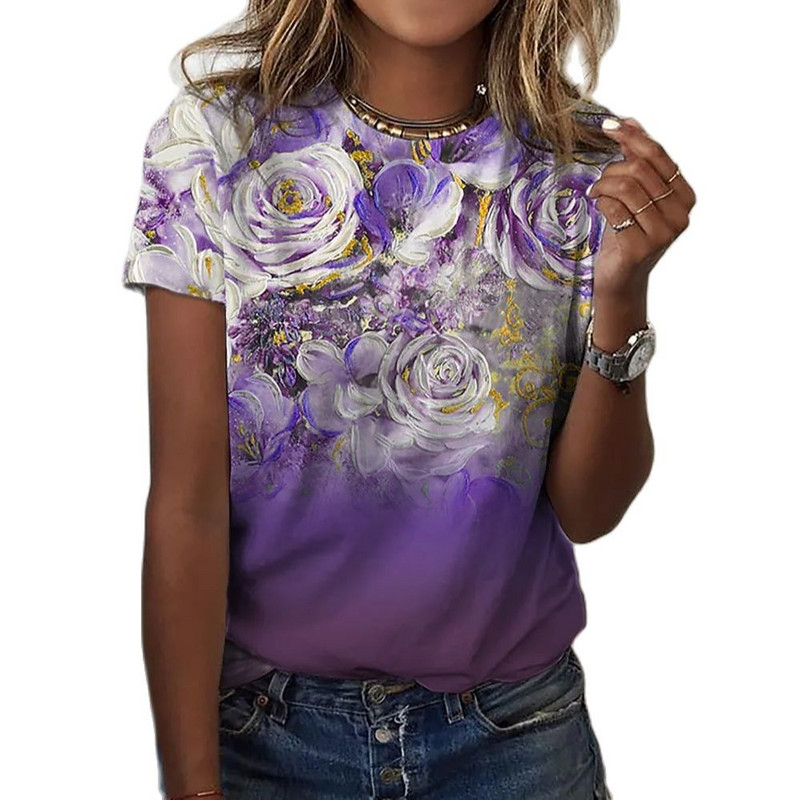 2023. Modna ženska majica s cvjetnim motivima Harajuku Odjeća O-izrez Pamučni pulover 3D print Majice kratkih rukava Široka ulična odjeća
