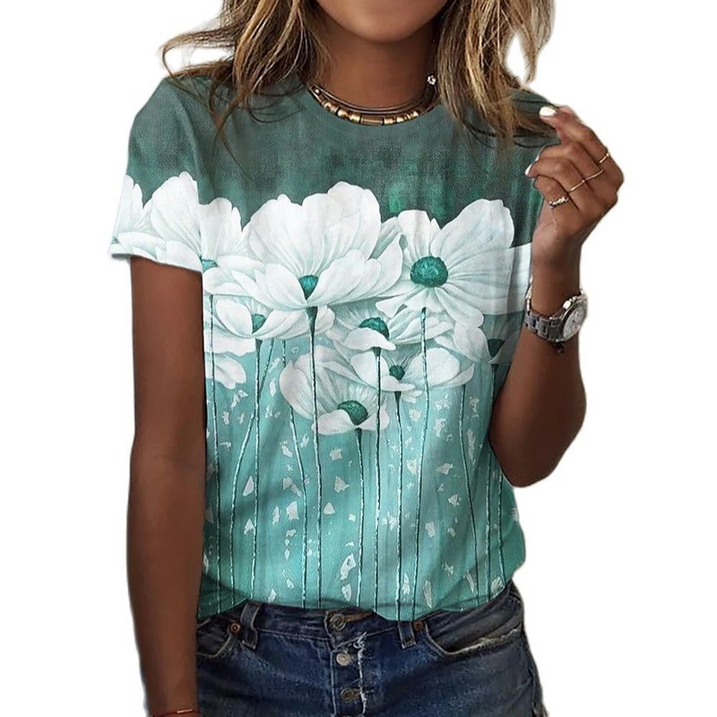 2023. Modna ženska majica s cvjetnim motivima Harajuku Odjeća O-izrez Pamučni pulover 3D print Majice kratkih rukava Široka ulična odjeća