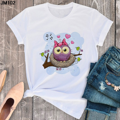 Nyári új női póló divat aranyos bagoly nyomott női póló Harajuku rövid ujjú fehér nagy méretű felső női póló