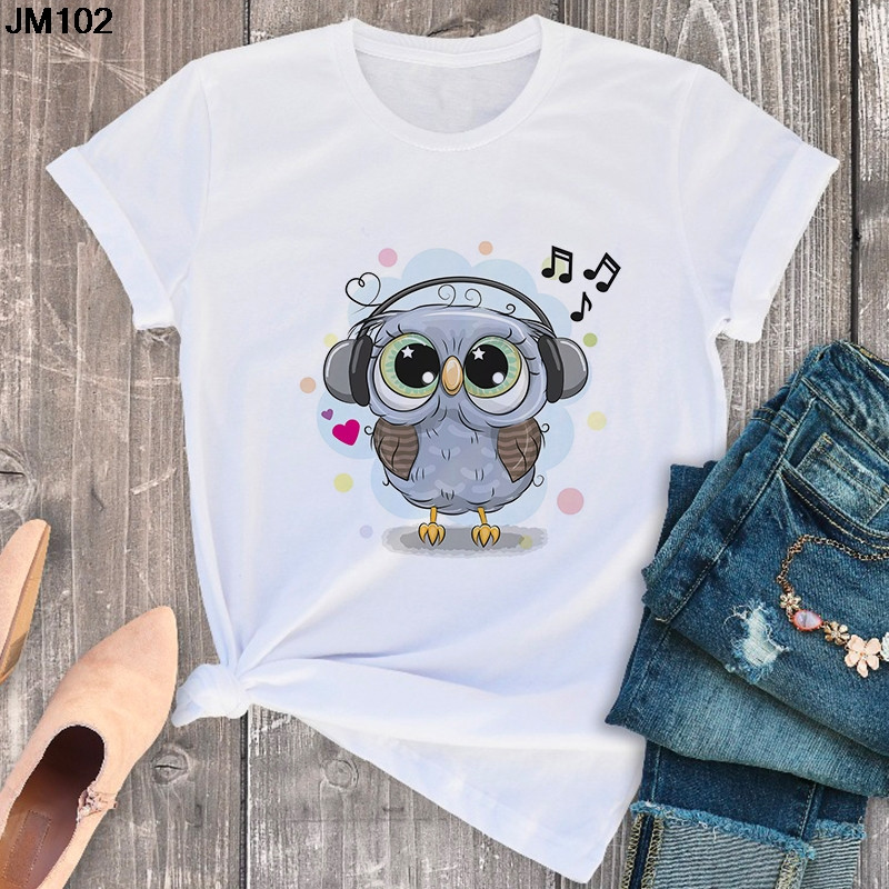 Ljetna nova ženska majica kratkih rukava Modna ženska majica kratkih rukava Harajuku kratkih rukava s printom slatke sove, bijela ženska majica velikih veličina