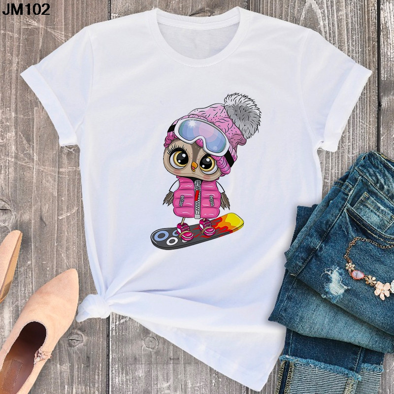 Ljetna nova ženska majica kratkih rukava Modna ženska majica kratkih rukava Harajuku kratkih rukava s printom slatke sove, bijela ženska majica velikih veličina