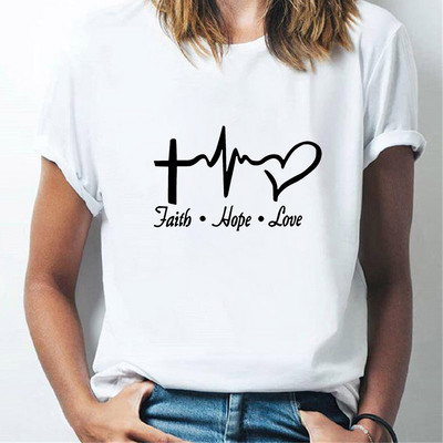 Тениска с О-образно деколте и къс ръкав Вяра Надежда Любов Електрокардиограма Щампована женска тениска Лятна тениска Дамска проста дива тениска