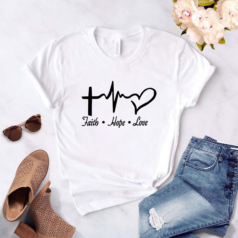 Tricou cu mânecă scurtă cu gâtul în formă de tricou Faith Hope Love Electrocardiogramă imprimat pentru femei Tricou de vară Tricou simplu sălbatic pentru femei