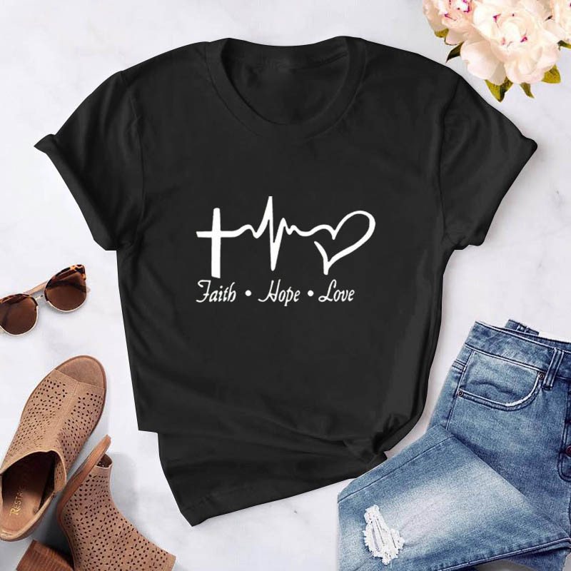 Tricou cu mânecă scurtă cu gâtul în formă de tricou Faith Hope Love Electrocardiogramă imprimat pentru femei Tricou de vară Tricou simplu sălbatic pentru femei