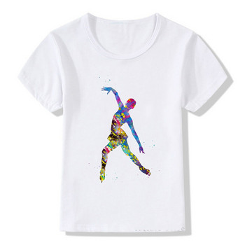 Ακουαρέλα τυπωμένη ύλη για κορίτσι που κάνει πατινάζ στον πάγο παιδικό μπλουζάκι χαριτωμένα καλοκαιρινά κορυφαία ρούχα για κορίτσια λευκά προσαρμοσμένα μπλουζάκια παιδικά μπλουζάκια DIY