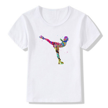 Акварел, пързаляне с кънки на лед, печатен дизайн, детска тениска, сладка лятна горнишка, дрехи за момичета, бяла тениска „Направи си сам“ по поръчка, детски тениски