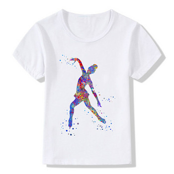 Ακουαρέλα τυπωμένη ύλη για κορίτσι που κάνει πατινάζ στον πάγο παιδικό μπλουζάκι χαριτωμένα καλοκαιρινά κορυφαία ρούχα για κορίτσια λευκά προσαρμοσμένα μπλουζάκια παιδικά μπλουζάκια DIY